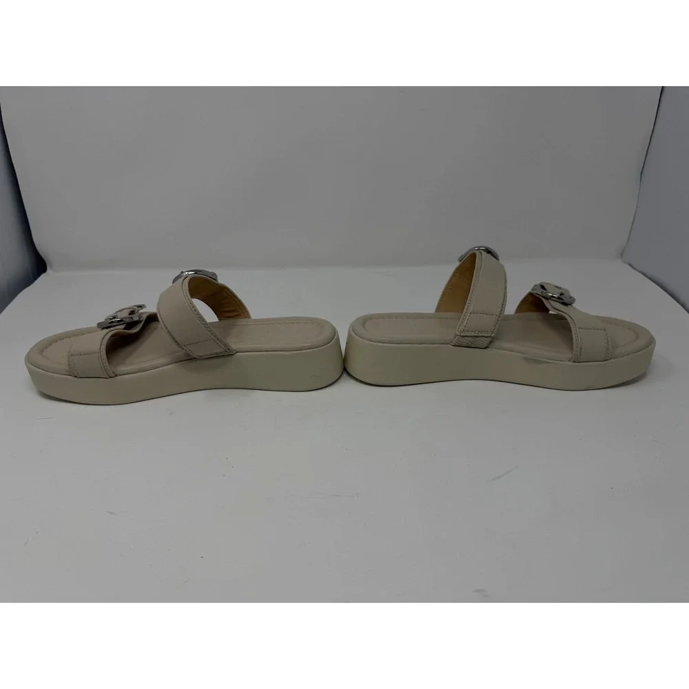 Frye Western Double Buckle Platform Slide Sandal Beige Leather Women Size 8